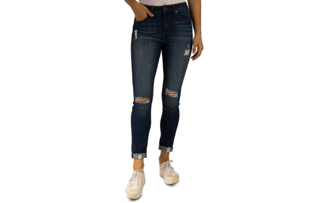 Indigo Rein Destructed High-Rise Rolled-Cuff Skinny Jeans, Dark Blue, 3
