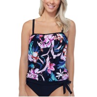 Island Escape Eye Of The Tiger Printed Blouson Tankini Top, Black, 10