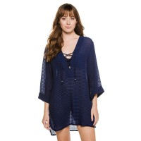 J. Valdi Womens Lace Up Textured Dress Swim Cover-Up, Navy, Medium