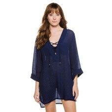J. Valdi Womens Lace Up Textured Dress Swim Cover-Up, Navy, Medium