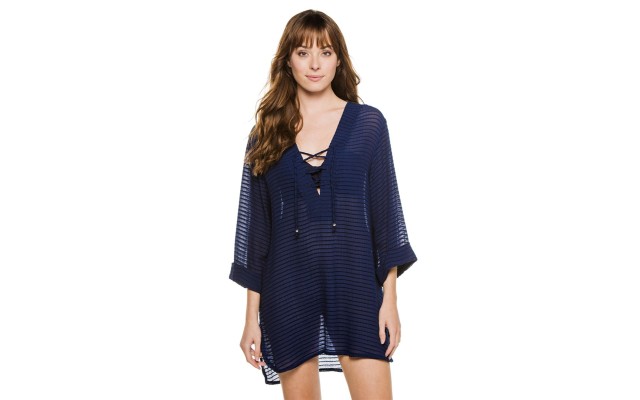 J. Valdi Womens Lace Up Textured Dress Swim Cover-Up, Navy, Medium