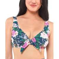 Jessica Simpson Floral-Print Tie-Front Bikini Top, Blue, Small