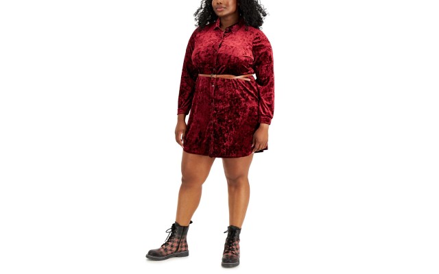 Jolie & Joy Full Circle Trends Trendy Plus Size Crushed Velvet Shirtdress, 1X, Burgundy