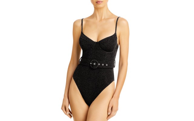  Noa Ribbed Belted Bustier One Piece Swimsuit, Black, X-Small
