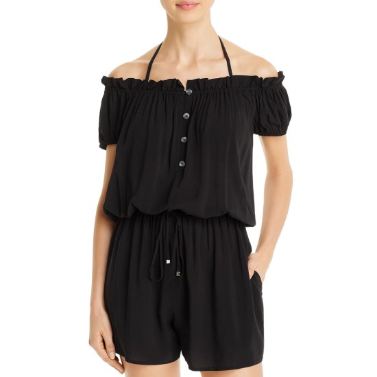  New York Heart Buckle Off-the-Shoulder Cover-Up Romper, Black, Small