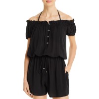 Kate Spade New York Heart Buckle Off-the-Shoulder Cover-Up Romper, Black, X-Small