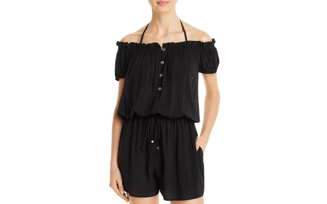  New York Heart Buckle Off-the-Shoulder Cover-Up Romper, Black, X-Small