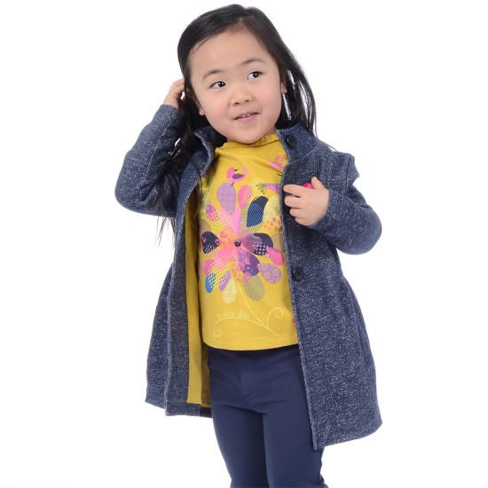  Girls Denim-Looking Stand-Up Collar Jacket – Peruvian Cotton, Long Sleeve, Dark Denim, 6