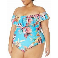 La Blanca Molded Cup Garden Off The Shoulder One Piece Swimsuit, 16, Blue/Multi