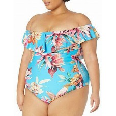 La Blanca Molded Cup Garden Off The Shoulder One Piece Swimsuit, 16, Blue/Multi