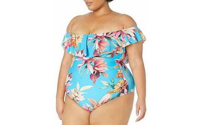  Molded Cup Garden Off The Shoulder One Piece Swimsuit, 16, Blue/Multi