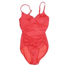 LAUREN RALPH LAUREN Women’s Ruched Deep V Neck Ruffled One Piece Swimsuit, Pink,  12