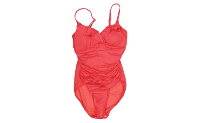  Women’s Ruched Deep V Neck Ruffled One Piece Swimsuit, Pink,  12