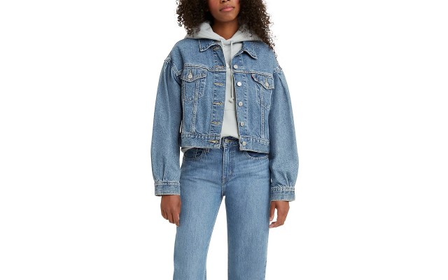 Levi’s Cotton Pleated-Sleeve Denim Trucker Jacket, Large, Navy
