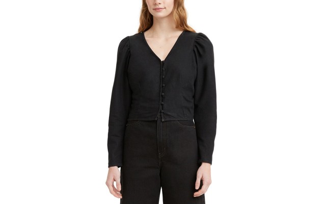 Levi’s Teegan Cotton Mutton-Sleeve Blouse, X-Large, Black