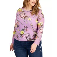 Love, Fire Trendy Plus Size Long-Sleeved Printed Mesh Top, Purple, 1X