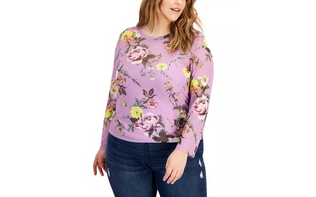 Love, Trendy Plus Size Long-Sleeved Printed Mesh Top, Purple, 1X