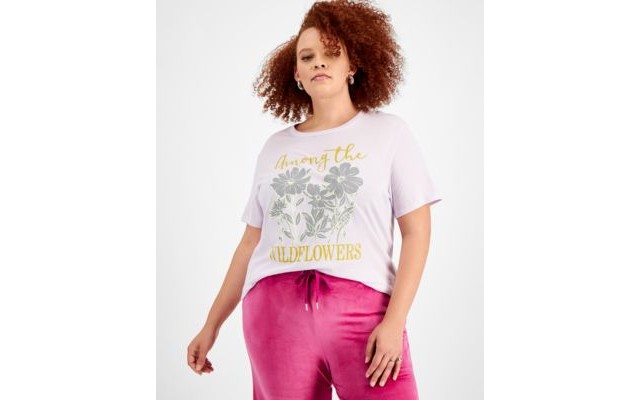  Trendy Plus Size Wildflowers Graphic T-Shirt, Light Purple, 3X