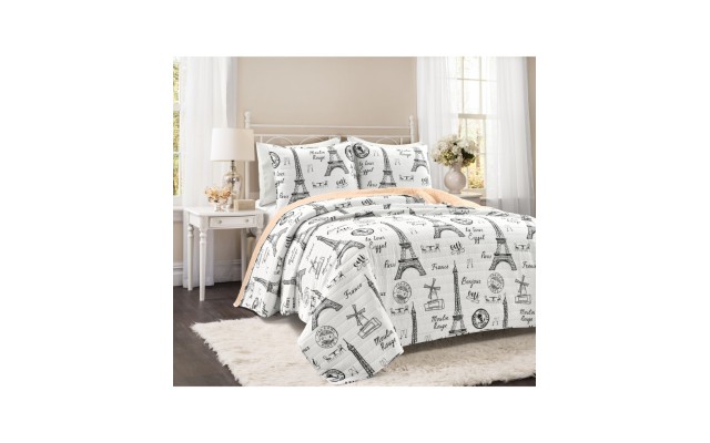  Paris Bonjour 3 Piece Quilt Sets, Black/Blush, Full/Queen