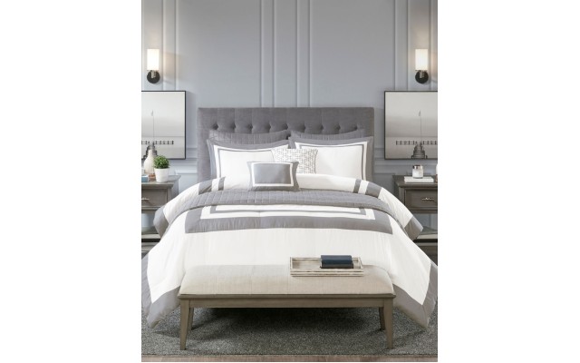  Heritage Full/Queen 8 Piece Comforter and Coverlet Set, Grey