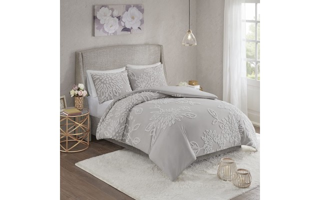  King/California King 3-Pc.Veronica 100% Cotton Tufted Duvet Cover Set, Gray