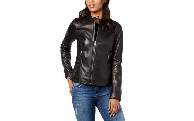  Quilted Leather Moto Jacket (Black, M)
