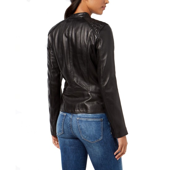  Quilted Leather Moto Jacket (Black, M)