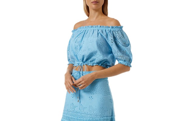  Women’s Francesca Eyelet Off the Shoulder Top, Blue, X-Small