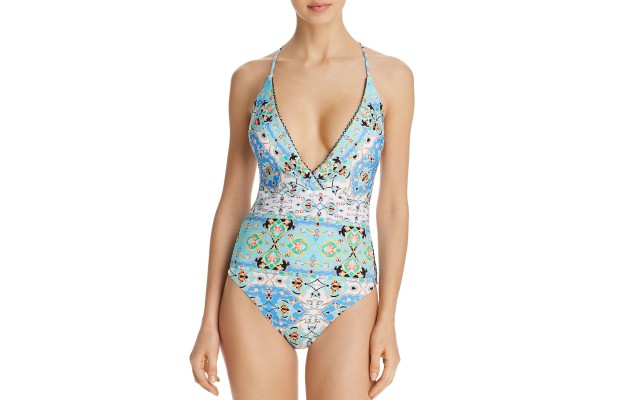  Womens Plunging Beachwear One-Piece Swimsuit, Blue, 4