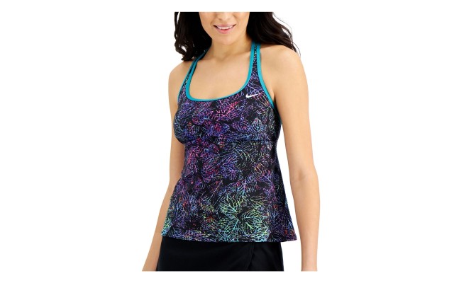  Neon Leaf Racerback Tankini Top, Black, Small
