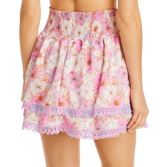  Womens Belle Fringe Printed Daytime Skirt Swim Cover-Up, Pink, Medium