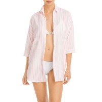 Peixoto Womens Josie Striped Button Down Caftan Swim Cover-Up, Pink, Medium/Large