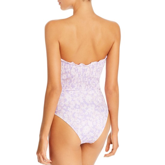  Floral Print Strapless Smocked One-Piece Swimsuit , Purple, Purple, 10