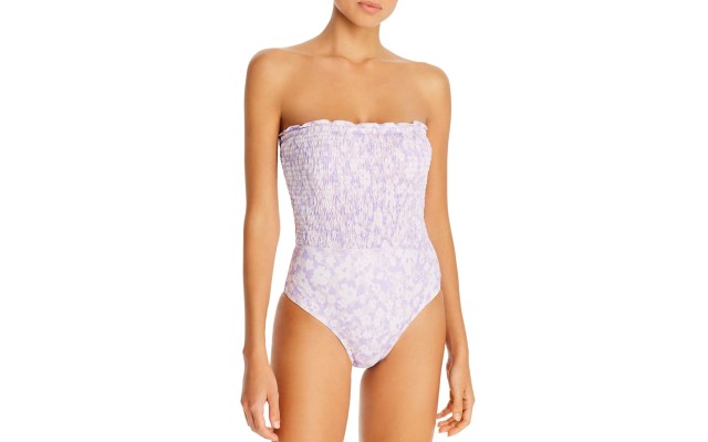  Floral Print Strapless Smocked One-Piece Swimsuit , Purple, Purple, 10