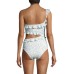  Printed Ruffled Cutout One Piece Swimsuit, White, 4