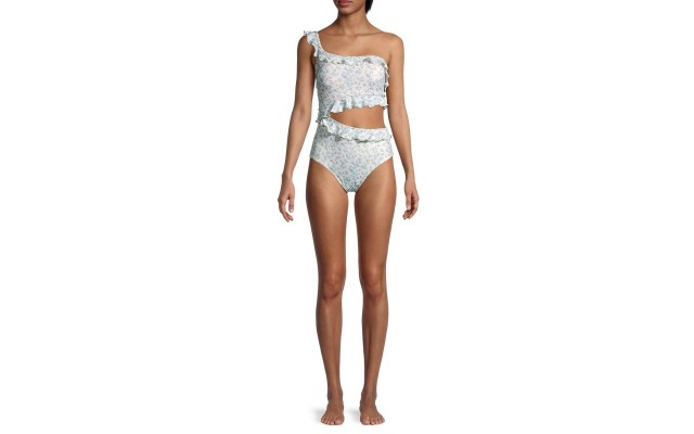  Printed Ruffled Cutout One Piece Swimsuit, White, 4
