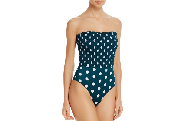  Smocked Polka Dot One-Piece Swimsuit, Green, Green, 4