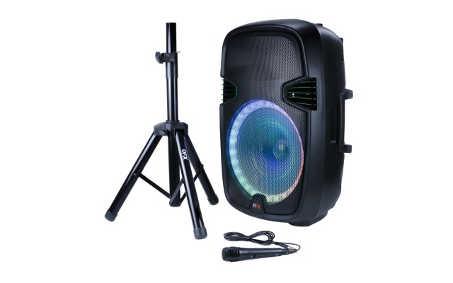   15″ Bluetooth Rechargeable Speaker with LED Lights, Microphone and Stand