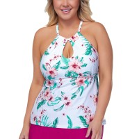 Raisins Curve Trendy Plus Size High-Neck Underwire Tankini Top, White, 18W