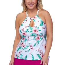 Raisins Curve Trendy Plus Size High-Neck Underwire Tankini Top, White, 18W