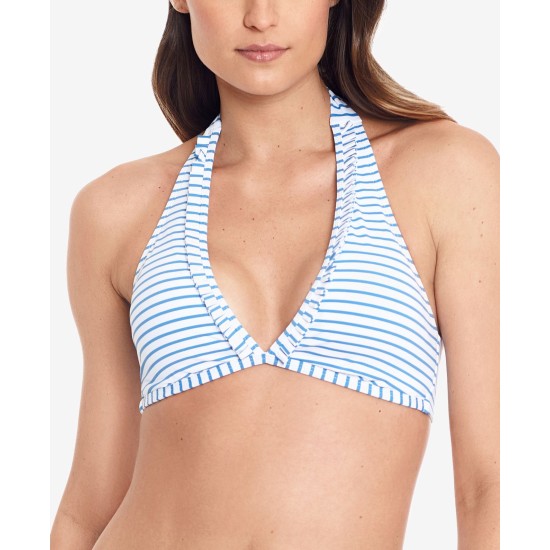  BLUE Bengal Stripe Hipster Bikini Swim Top, 16, Blue/White