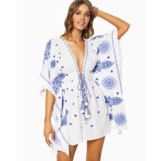 Ramy Brook Kristos Cotton Embroidered Swim Cover Up Mini Caftan, Medium/Large