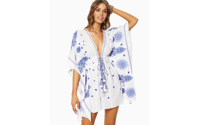  Kristos Cotton Embroidered Swim Cover Up Mini Caftan, Medium/Large