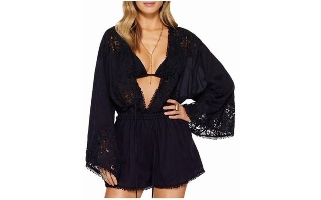 Ramy Brook Womens Dia 100%Cotton Long Sleeve Romper Black, Large