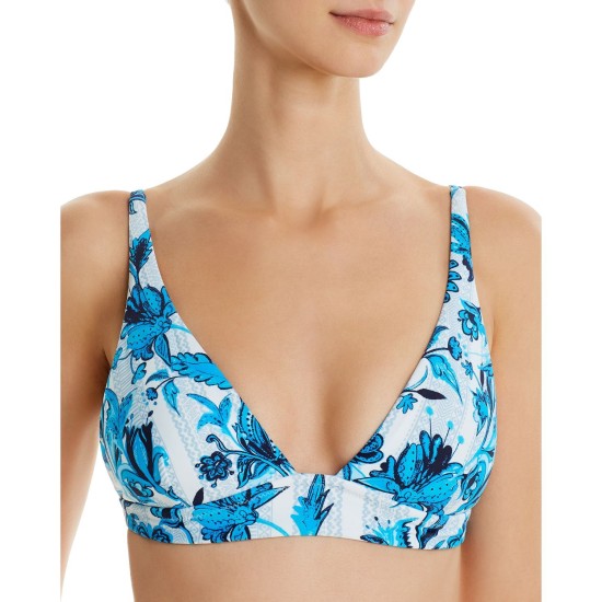  Womens Floral Lined Swim Top Separates, Blue, Dark Blue, Large