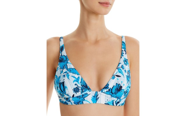  Womens Floral Lined Swim Top Separates, Blue, Dark Blue, Large