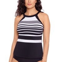 Reebok Women’s Insta-Stripe High Neck Tankini Top, Black, 18