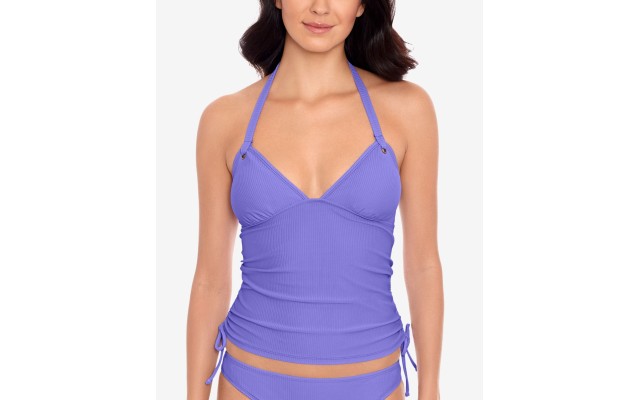  Preppy Rib Side-Shirred Tankini Top, Lavender, X-Small