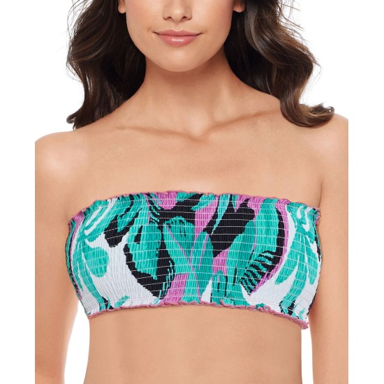  Printed Ruffle-Trimmed Smocked Bandeau Swimsuit, Green, Small