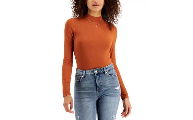  Juniors’ Mock-Neck Bodysuit, Small, Darkorange
